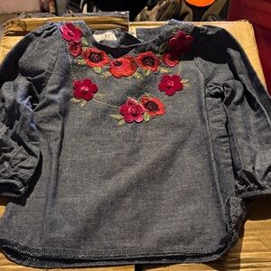 Mud Pie Denim Blouse with Red Floral Embroidery